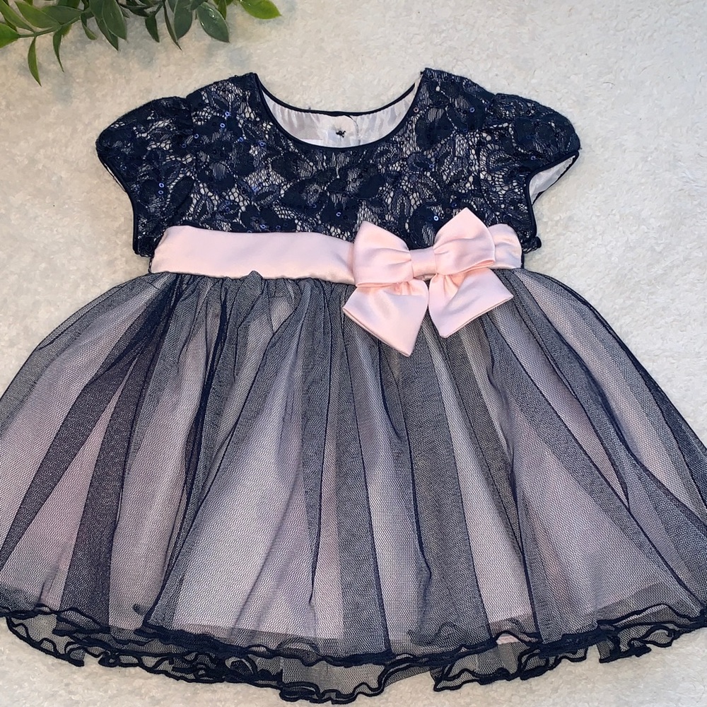 Bonnie Baby Navy Blue & Pink Lace and Tulle Dress 3-6M EUC